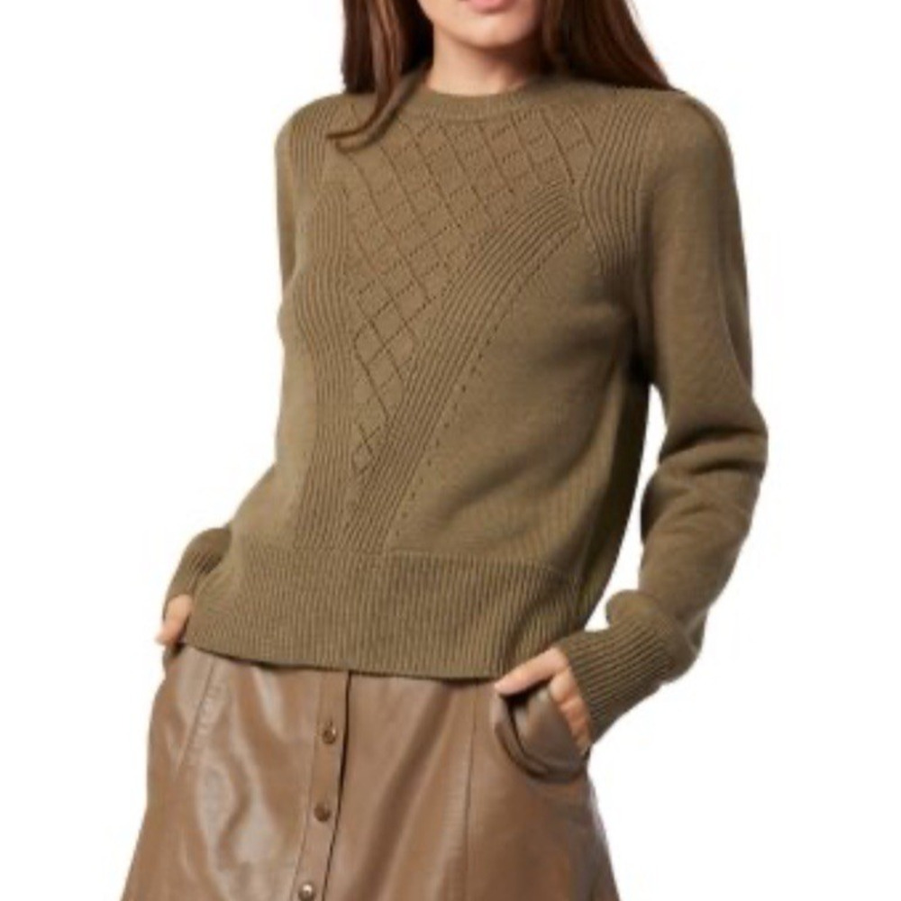 Joie Iena Pointelle Knit Sweater Women's L Stone Gray Wool Crew Neck Long Sleeve
